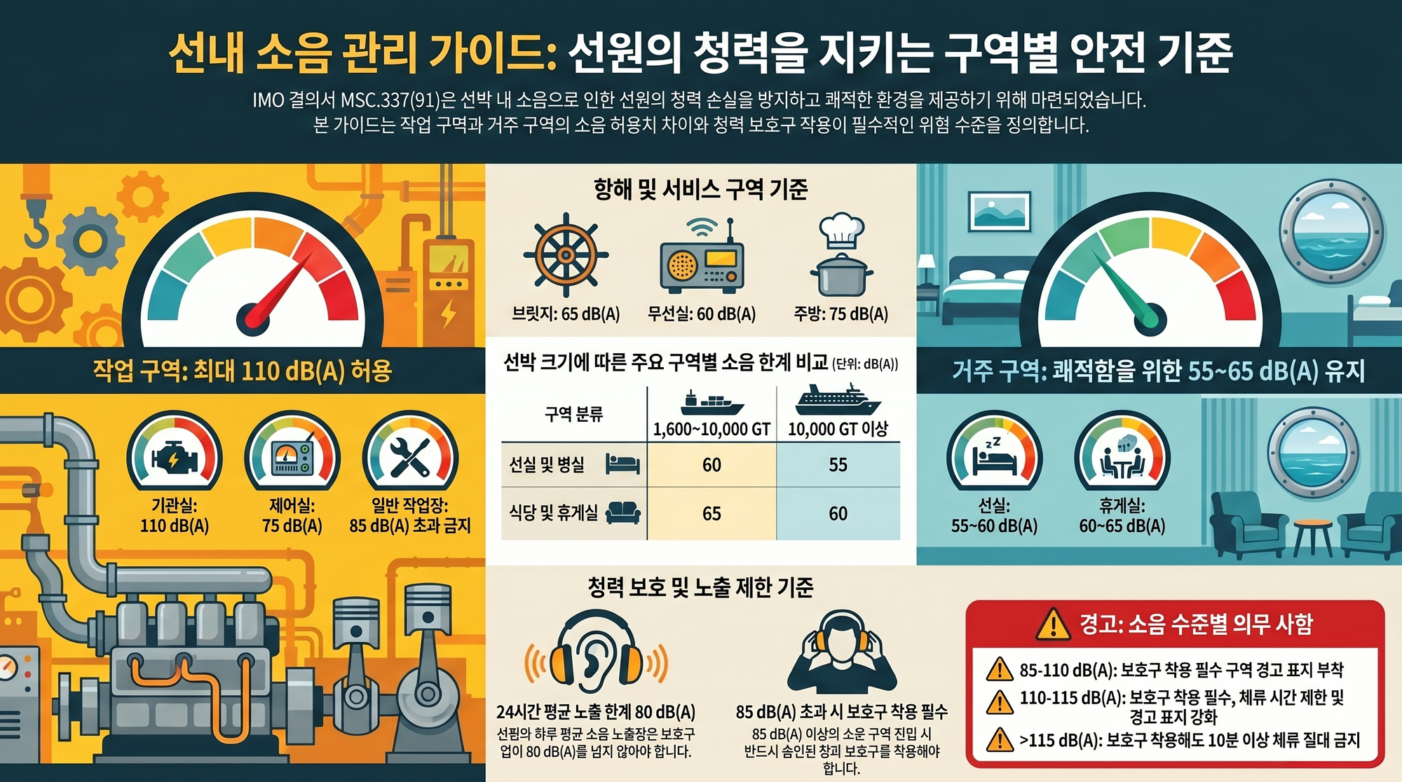 선내 소음 관리 가이드 안전 표지판